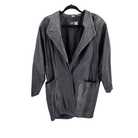 Vtg Michael Hoban Lagenlook Collarless Winged Lapel Leather Trench Coat Blk Sz M - Picture 1 of 10